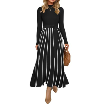 ZESICA Womens Spring Turtleneck Long Sleeve Sweater Dress Tie Waist Casual Loose Ribbed Knit A Line ...