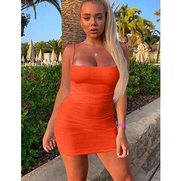 Mizoci Women's Sexy Sleeveless Ruched Spaghetti Strap Bodycon Mini Club Party Dress,Small,Orange