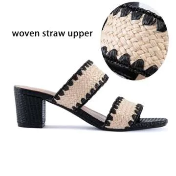 N.N.G Women's Stylish Two Strap Straw Chunky Heels Sandals Dress Pumps Shoes Black Size 7.5