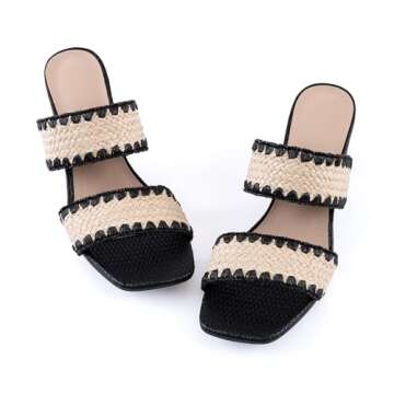 N.N.G Women's Stylish Straw Chunky Heels Sandals Black Size 7.5