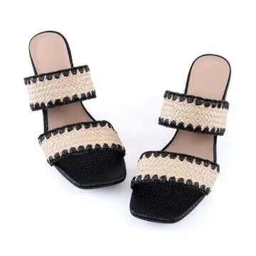 N.N.G Women's Stylish Straw Chunky Heels Sandals Black Size 7.5