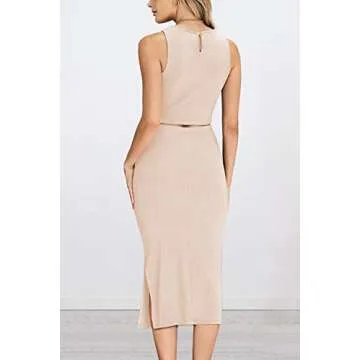 PRETTYGARDEN Women's 2 Piece Summer Outfits Crewneck Tank Tops Split Bodycon Midi Skirt Set (Apricot,Large)