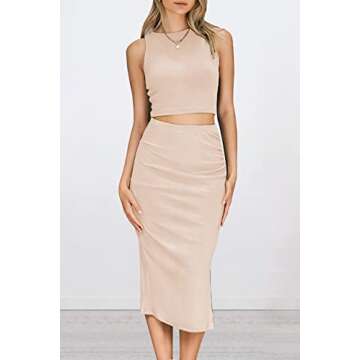 PRETTYGARDEN Women's 2 Piece Summer Outfits Crewneck Tank Tops Split Bodycon Midi Skirt Set (Apricot,Large)
