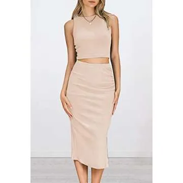 PRETTYGARDEN Women's 2 Piece Summer Outfits Crewneck Tank Tops Split Bodycon Midi Skirt Set (Apricot,Large)