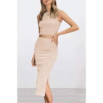 PRETTYGARDEN Women's 2 Piece Summer Outfits Crewneck Tank Tops Split Bodycon Midi Skirt Set (Apricot,Large)