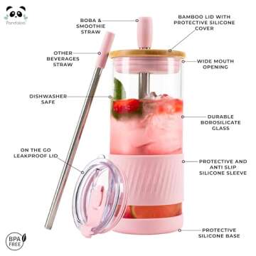 Pandaloo® Glass Cups With Lids and Straws -20 Fl Oz- Perfect Size Iced Coffee Cup - Smoothie Cup Wi...