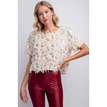 FEMI SEMI Womens Fashion Crewneck Sequins Feather Short Sleeve Blouse Holiday Party Top (Apricot, La...