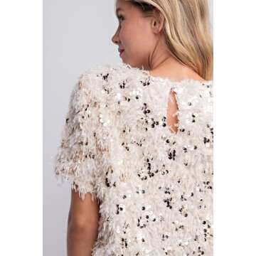 FEMI SEMI Womens Fashion Crewneck Sequins Feather Short Sleeve Blouse Holiday Party Top (Apricot, Large)