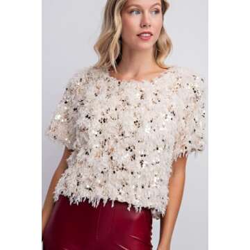 FEMI SEMI Womens Fashion Crewneck Sequins Feather Short Sleeve Blouse Holiday Party Top (Apricot, Large)