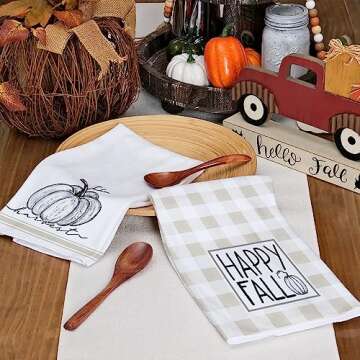 GEEORY Fall Kitchen Dish Towels Set of 2 for Fall Decor,Happy Fall Beige Plaid Printed Pumpkin 18x26 Inch Drying Dishcloth,Farmhouse Home Decoration GD105