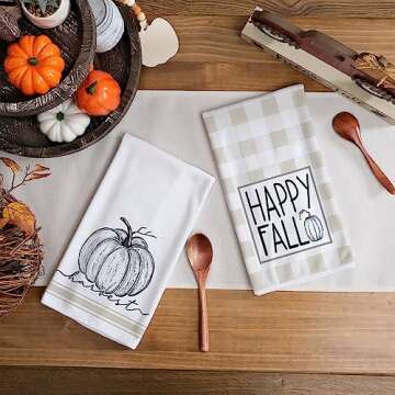 GEEORY Fall Kitchen Dish Towels Set of 2 for Fall Decor,Happy Fall Beige Plaid Printed Pumpkin 18x26 Inch Drying Dishcloth,Farmhouse Home Decoration GD105