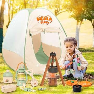 deAO Kids Camping Toys Set with Play Tent,23 PCS Outdoor Pretend Camping Toys with Light & Spray for Kids Boys Girls Age 3 4 5 6, Include Kids Camping Tent,Pot and Dish