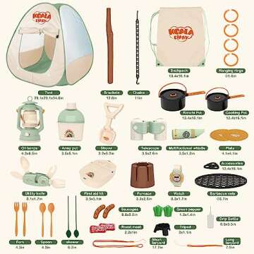 deAO Kids Camping Toys Set with Play Tent,23 PCS Outdoor Pretend Camping Toys with Light & Spray for Kids Boys Girls Age 3 4 5 6, Include Kids Camping Tent,Pot and Dish