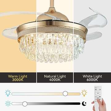 Cainjiazh 42" Dimmable Fandelier Ceiling Fan with Light Crystal Modern Chandelier Ceiling Fan Retractable Chandelier Ceiling Fans 6 Speeds Invisible LED Flush Mount Crystal Fandeliers(Gold)