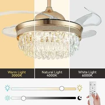 Cainjiazh 42" Dimmable Fandelier Ceiling Fan with Light Crystal Modern Chandelier Ceiling Fan Retractable Chandelier Ceiling Fans 6 Speeds Invisible LED Flush Mount Crystal Fandeliers(Gold)