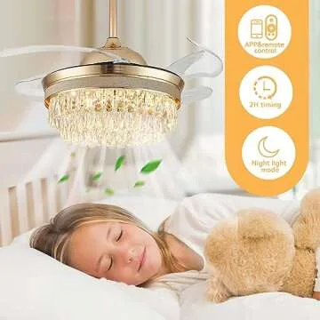 Cainjiazh 42" Dimmable Fandelier Ceiling Fan with Light Crystal Modern Chandelier Ceiling Fan Retractable Chandelier Ceiling Fans 6 Speeds Invisible LED Flush Mount Crystal Fandeliers(Gold)