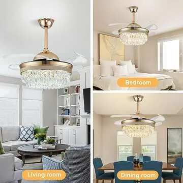 Cainjiazh 42" Dimmable Fandelier Ceiling Fan with Light Crystal Modern Chandelier Ceiling Fan Retractable Chandelier Ceiling Fans 6 Speeds Invisible LED Flush Mount Crystal Fandeliers(Gold)