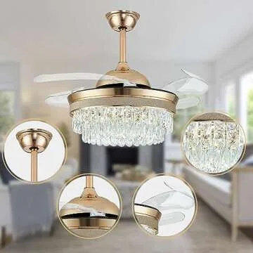 Cainjiazh 42" Dimmable Fandelier Ceiling Fan with Light Crystal Modern Chandelier Ceiling Fan Retractable Chandelier Ceiling Fans 6 Speeds Invisible LED Flush Mount Crystal Fandeliers(Gold)