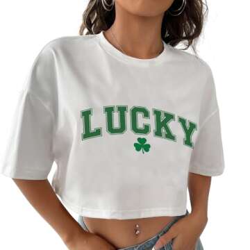 Lucky Clover St. Patrick's Day Y2K Crop T-Shirt Summer Short Sleeves Crow Neck Tee Pink