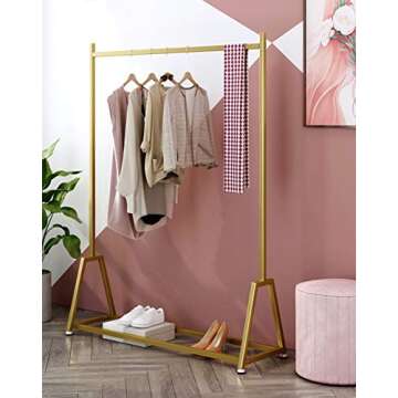 FONECHIN Industrial Pipe Clothing Rack, Heavy Duty Metal Clothes Rack With Wheels, Rolling Garment Rack with Bottom Shelf for Home Boutique Use (Gold)