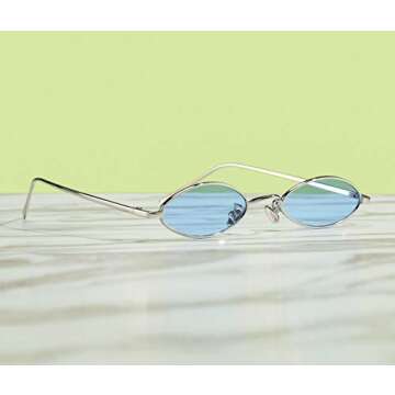 COASION Vintage Small Oval Aesthetic Sunglasses Retro for Women Men Hippie Cool Metal Frame Sun Glasses (Silver Frame/Blue Lens)