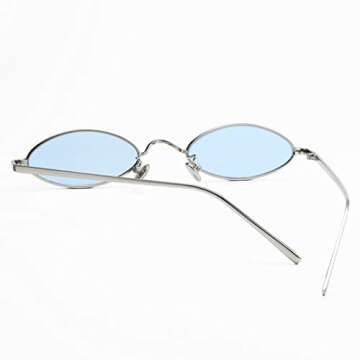 COASION Vintage Small Oval Aesthetic Sunglasses Retro for Women Men Hippie Cool Metal Frame Sun Glasses (Silver Frame/Blue Lens)