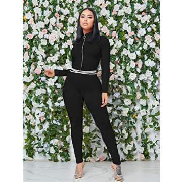 XXTAXN Women's Sexy Bodycon Long Sleeve V Neck Zipper Jumpsuit Rompers Black
