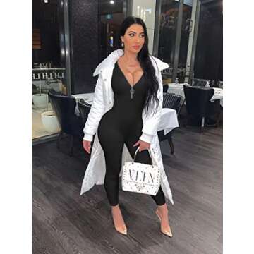 XXTAXN Women's Sexy Bodycon Long Sleeve V Neck Zipper Jumpsuit Rompers Black