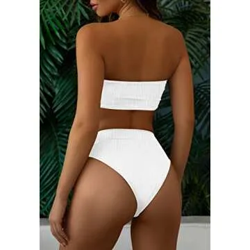Pink Queen Women's High Waisted Bikini Set 2 Piece Ribbed High Cut Bandeau Swimsuit Bathing Suit White L