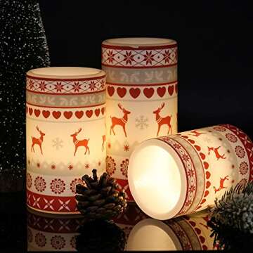GenSwin Flameless Flickering Led Candles Battery Operated with 6 Hours Timer, Real Wax Pillar Candles Warm Light Love Deer Decal Decor Gift(Pack of 3)