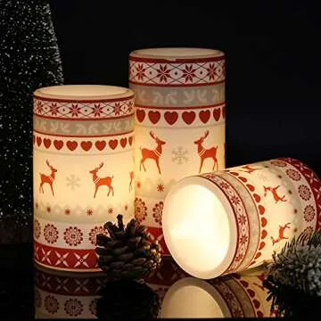 GenSwin Flameless Flickering Led Candles Battery Operated with 6 Hours Timer, Real Wax Pillar Candles Warm Light Love Deer Decal Decor Gift(Pack of 3)