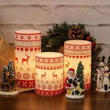 GenSwin Flameless Flickering Led Candles Battery Operated with 6 Hours Timer, Real Wax Pillar Candles Warm Light Love Deer Decal Decor Gift(Pack of 3)