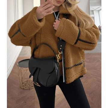 Tankaneo Womens Faux Fur Jackets Winter Trendy Sherpa Moto Leather Patchwork Zip Up Coat