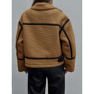 Tankaneo Womens Faux Fur Jackets Winter Trendy Sherpa Moto Leather Patchwork Zip Up Coat