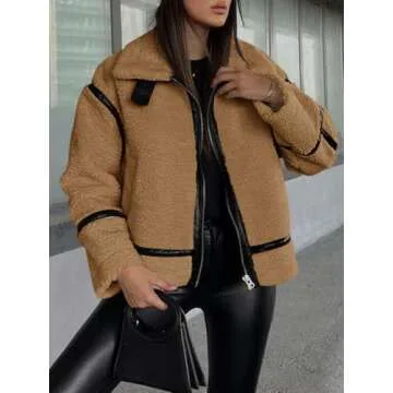 Tankaneo Womens Faux Fur Jackets Winter Trendy Sherpa Moto Leather Patchwork Zip Up Coat