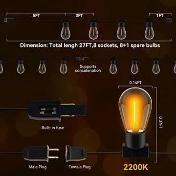MOFFE Indoor Outdoor String Lights with 8 S14 Edison Bulbs, 27FT Waterproof LED Hanging Lights for Patio, Porch, Deck, Bistro, Cafe, Balcony, Backyard Porch Garden,Party Decor,2200K Warm White