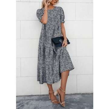 PRETTYGARDEN Women's Summer Casual Boho Dress Floral Print Ruffle Puff Short Sleeve Flowy Midi Beach Party Dresses (Black/White,Medium)