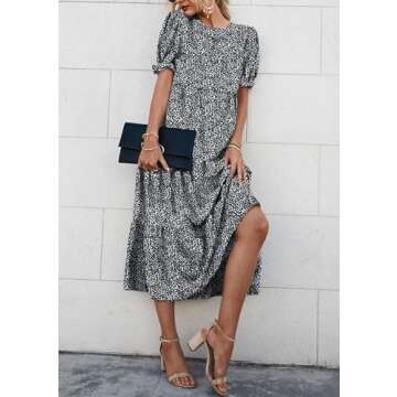 PRETTYGARDEN Women's Summer Casual Boho Dress Floral Print Ruffle Puff Short Sleeve Flowy Midi Beach Party Dresses (Black/White,Medium)