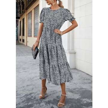 PRETTYGARDEN Women's Summer Casual Boho Dress Floral Print Ruffle Puff Short Sleeve Flowy Midi Beach Party Dresses (Black/White,Medium)
