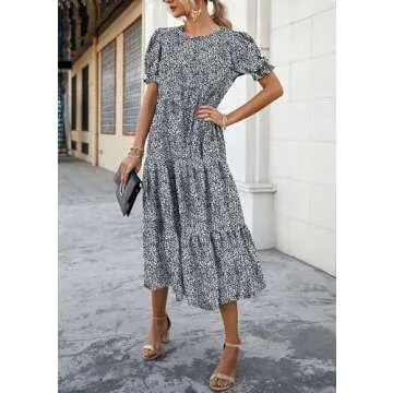 PRETTYGARDEN Women's Summer Casual Boho Dress Floral Print Ruffle Puff Short Sleeve Flowy Midi Beach Party Dresses (Black/White,Medium)