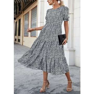 PRETTYGARDEN Women's Summer Casual Boho Dress Floral Print Ruffle Puff Short Sleeve Flowy Midi Beach Party Dresses (Black/White,Medium)