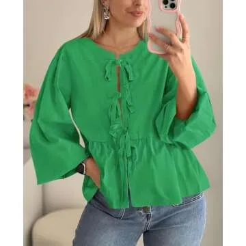 PRETTYGARDEN Women's Babydoll Peplum Blouse Shirt Puff Long Sleeve Bow Tie Front Trendy Cute Y2K Going Out Tops (Solid Green,Medium)