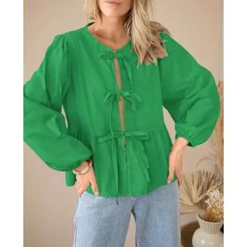 PRETTYGARDEN Women's Babydoll Peplum Blouse Shirt Puff Long Sleeve Bow Tie Front Trendy Cute Y2K Going Out Tops (Solid Green,Medium)
