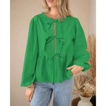 PRETTYGARDEN Women's Babydoll Peplum Blouse Shirt Puff Long Sleeve Bow Tie Front Trendy Cute Y2K Going Out Tops (Solid Green,Medium)
