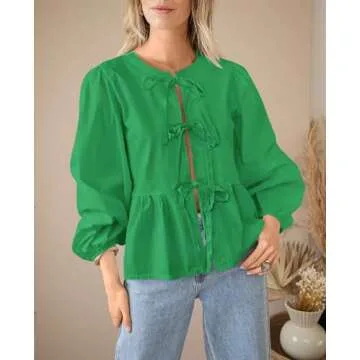 PRETTYGARDEN Women's Babydoll Peplum Blouse Shirt Puff Long Sleeve Bow Tie Front Trendy Cute Y2K Going Out Tops (Solid Green,Medium)