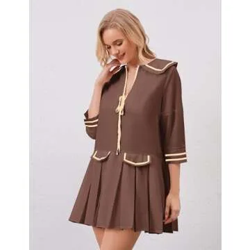 HOCANDY Womens Lapel Collar Pleated Mini Dress 3/4 Sleeve Bow Tie Up Open Front Mini Dresses Contrast Binding A Line Dresses Brown
