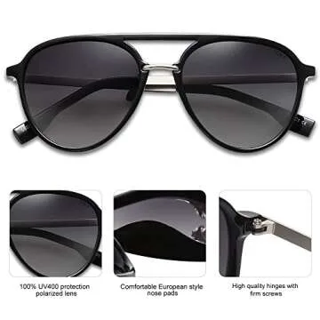 SOJOS Retro Aviator Polarized Sunglasses for Women Men Double Bridge Ladies Shades SJ2078 with Black Frame/Gradient Grey Lens
