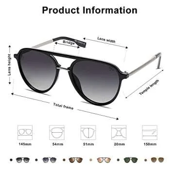 SOJOS Retro Aviator Polarized Sunglasses for Women Men Double Bridge Ladies Shades SJ2078 with Black Frame/Gradient Grey Lens