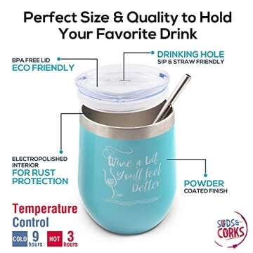 Wine Tumbler Gift Basket Set for Women - Unique Birthday or Christmas Gifts for Wine Lovers, Best Friend, Secret Santa, Boss Day, Includes Funny Insulated Wine Glass, Cozy Socks, Stoppers