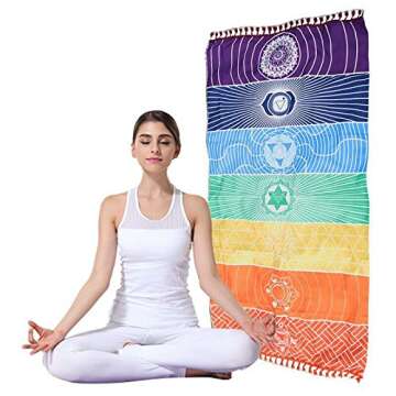 ErYao Rainbow Chakra Tapestry Towel Yoga Beach Mat, Meditation Yoga Rug Towels Mexico Chakra Tassel Striped Floor Mat (Multicolor)
